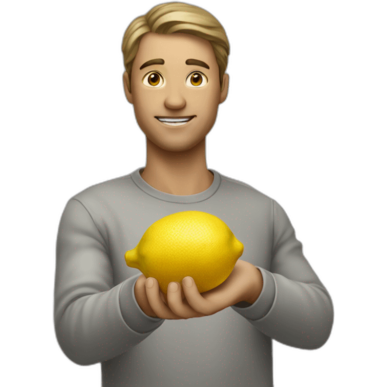 a man holding a lemon with his left hand and pointing at it with his doingt in front of him emoji