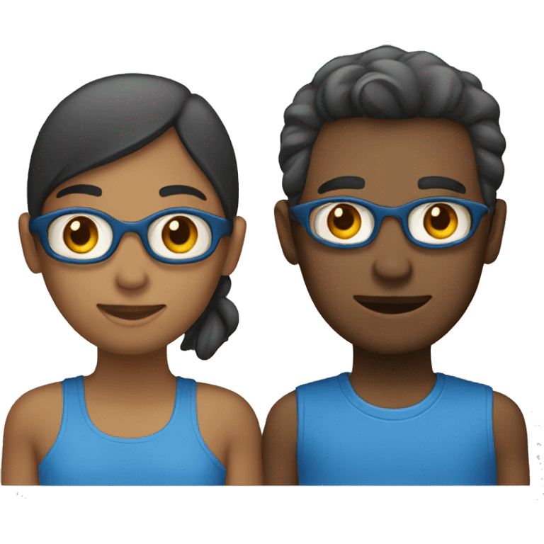 Two people wearing blue emoji