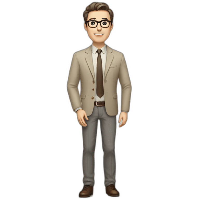 Full height Actively Gesturing Pale skinned fit man with dark brown hair in gray jacket, beige office shirt, brown tie, brown pants and vintage glasses. emoji