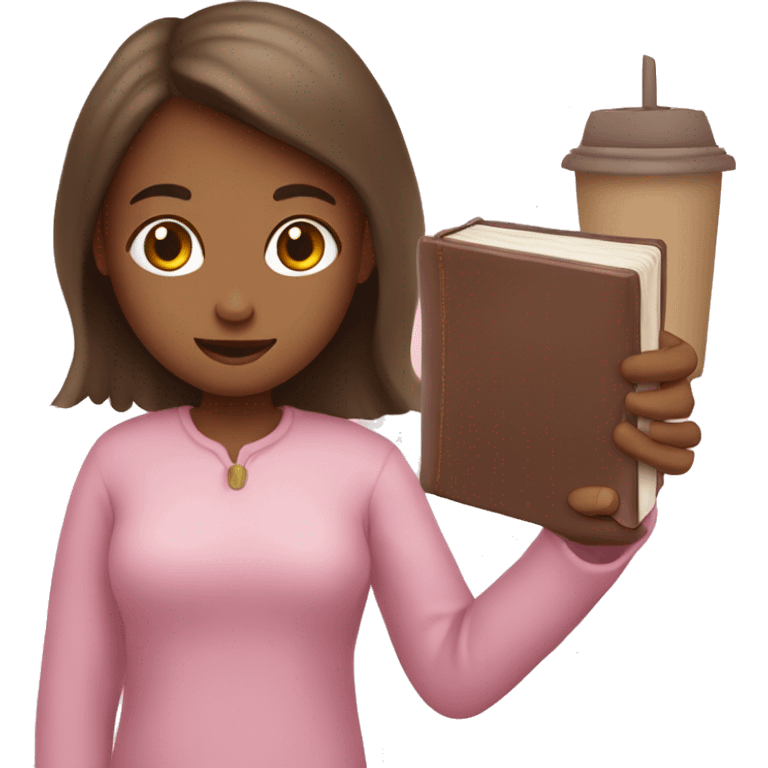 girl holding a light pink Bible in one hand and a coffee in the other hand emoji