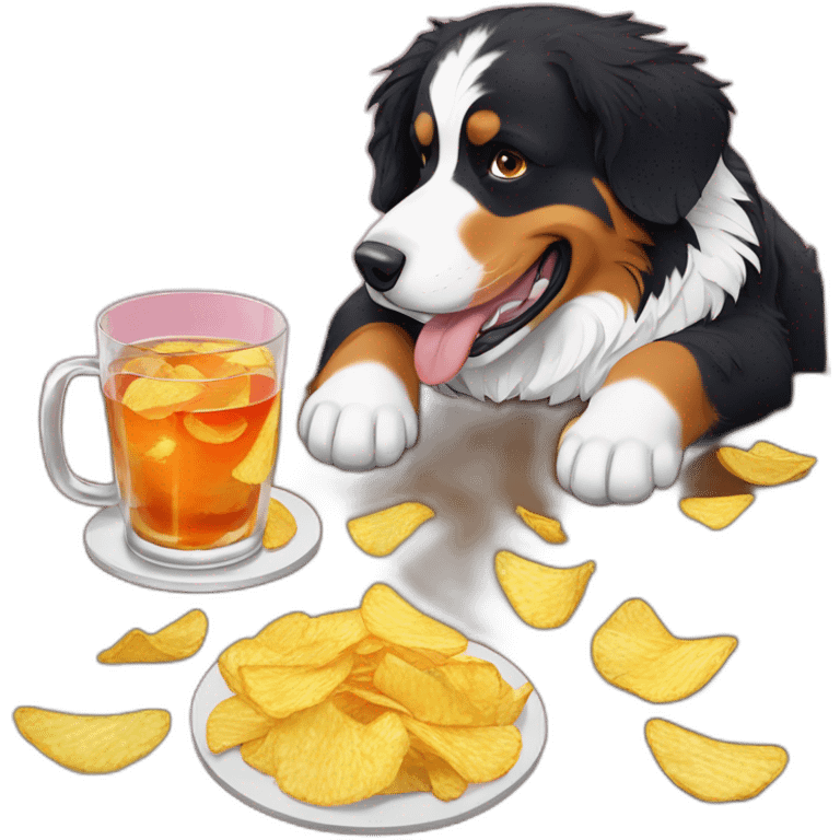 Bernese mountain dog drinnking aperitiv and eating chips emoji