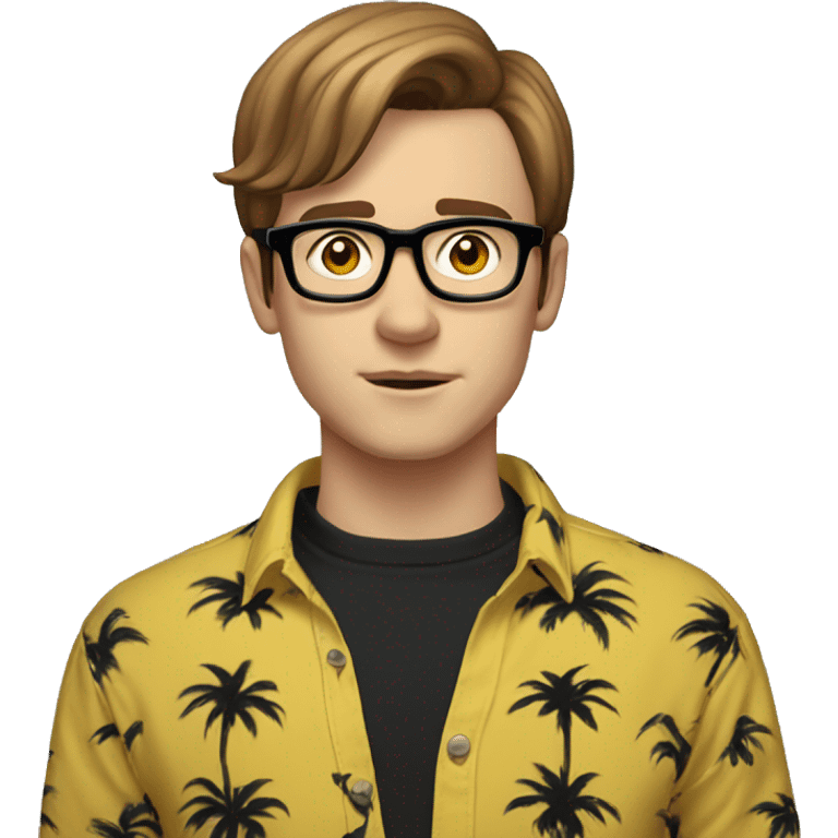 Twink nerdy man with auburn mid length hair brown eyes and Rectangular glasses, black turtleneck and yellow Hawaiian shirt, disapproval emoji