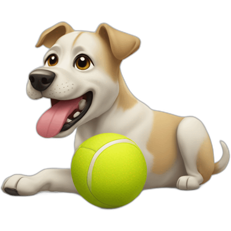 A Dog doing pilares while chewing o his ténis ball emoji