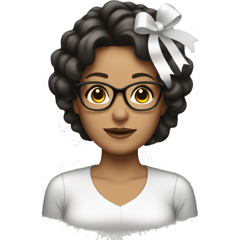 A brunette woman with glasses and a white ribbon hair accessory emoji