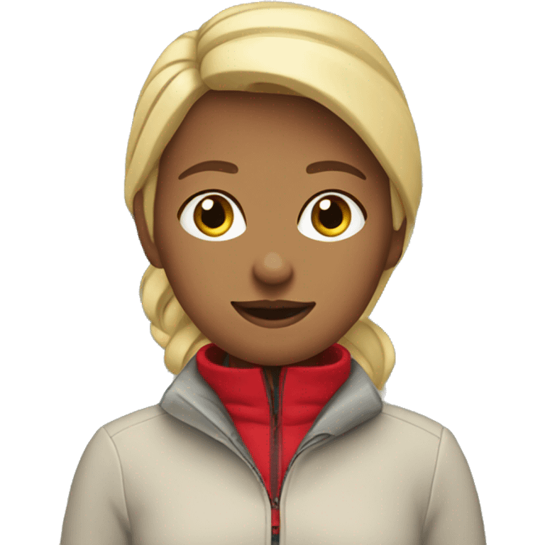 Doich Blonde girl wearing a red jacket on a mountain emoji