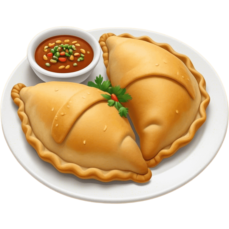 Cinematic Realistic Colombian Cornmeal Empanadas Emoji, showcasing the golden, crispy shell filled with savory meats and spices, served with a side of aji dipping sauce, rendered with vibrant textures and warm, inviting lighting. emoji