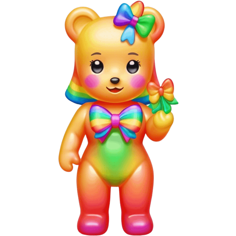 A neon rainbow girl gummy bear with bow emoji