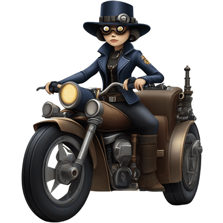 Bounty hunter Wednesday Addams Jedi wearing a pair of navy-blue rimmed steampunk goggles, hat, leather chaps, fringe jacket riding a relaxed sci-fi 3 wheeled steampunk rat rod motorcycle with large fenders and saddlebags in desert town  emoji