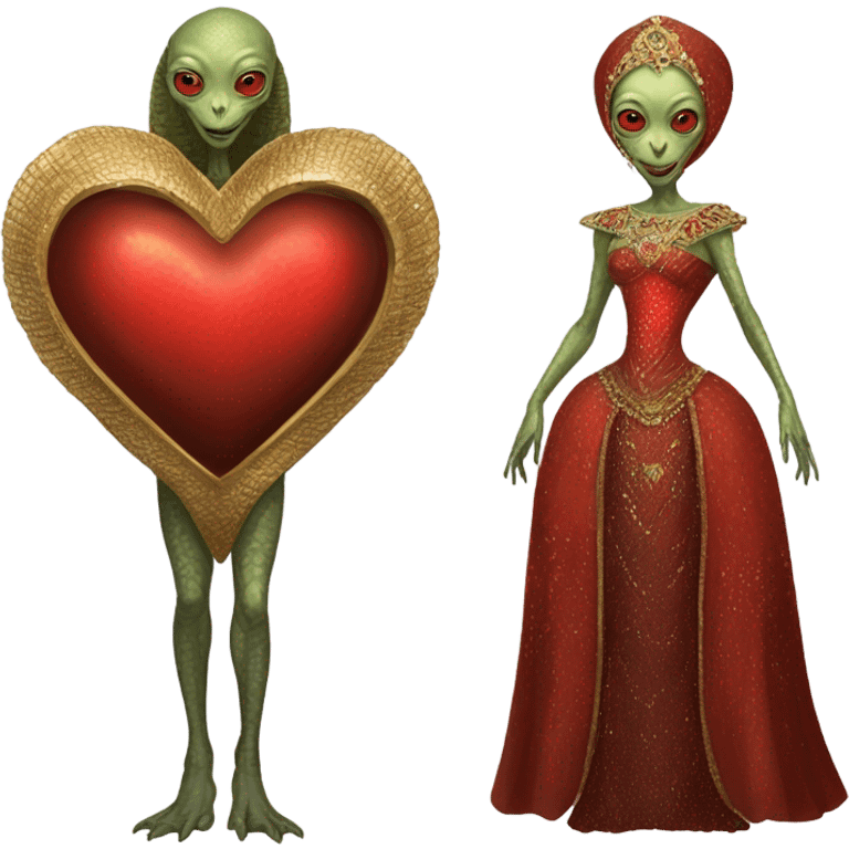 a Reptilian alien woman full body in Romanov dress, holding big red heart emoji