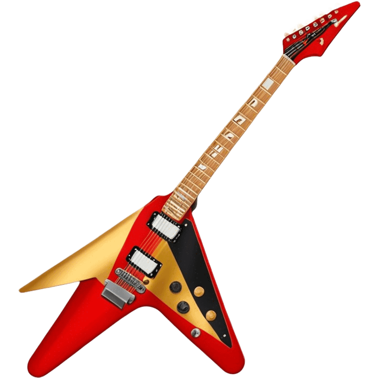 Create a bold and dynamic emoji representing the Epiphone Dave Mustaine Flying V Custom electric guitar. The design should feature the sharp, iconic V-shaped body of the guitar, with a custom finish reflecting Dave Mustaine’s signature style. Add intricate details like gold or chrome tuning pegs and pickups, with subtle graphics or patterns that reflect the aggressive, heavy metal aesthetic. Use a color palette of black, gold, and red, with a touch of metallic sheen for the high-end finish. The background should be transparent to emphasize the guitar's iconic shape emoji