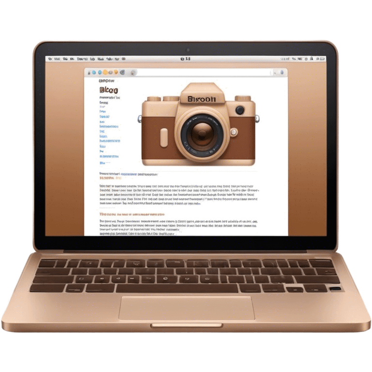 Create an emoji representing blogging. The design should feature an open laptop with a visible blog post on the screen, showing text. Add a photo or video camera to emphasize multimedia content. Do not include any emojis or smiley faces. Make the background transparent. emoji