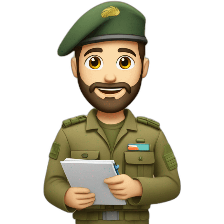 bearded man IDF soldier happy holding notebook and pen emoji