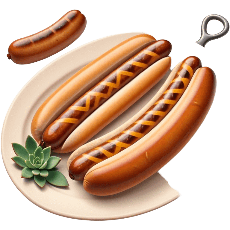 Cinematic Realistic Bratwurst Dish Emoji, showcasing a succulent, grilled sausage with a crispy exterior rendered with lifelike detail and warm, dynamic lighting. emoji