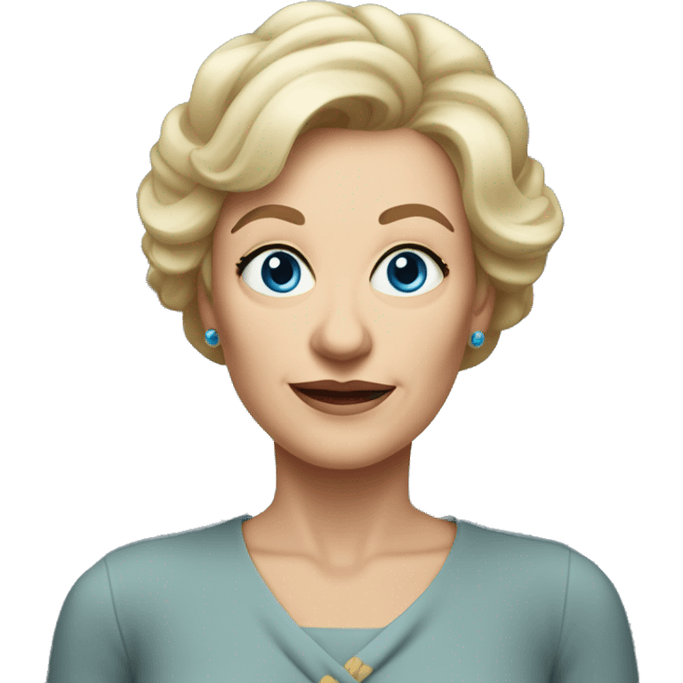 widow with blonde, a little longer than shoulder length hair with wispy bangs all across forehead and sides swept back from face, blue eyes,  60 years old, 180 pounds emoji