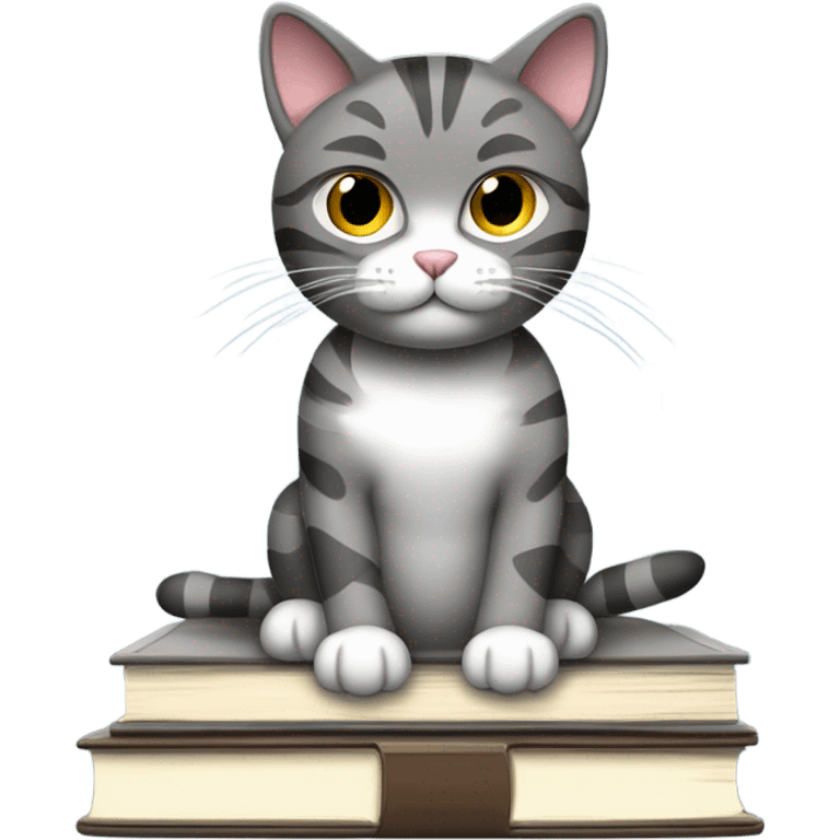 A minimalistic emoji-tstyle illustration of a dark grey tabby cat with white paws and chest, sitting on a stack of books and papers. The cat looks to the side with perked ears, and its tail extends slightly off the surface. The background is simple and neutral, with a hint of a window or curtain for context. emoji