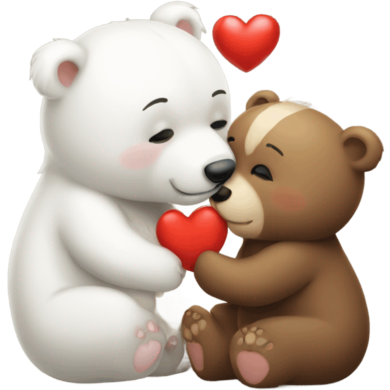 White bear cub and brown bear cub love heart kiss hug emoji