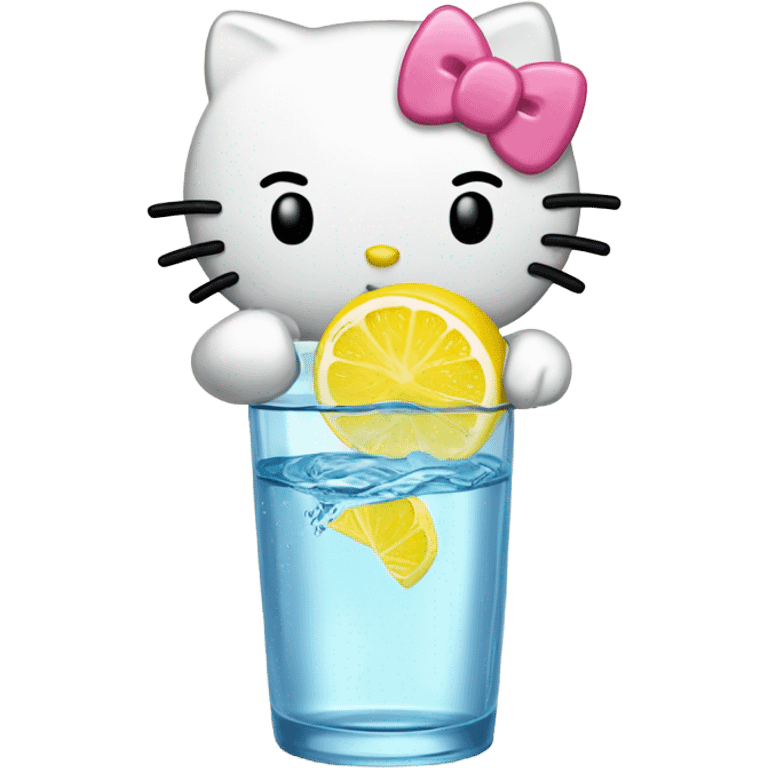 Hello kitty drinking a glass of water with a lemon on the side of the cup emoji