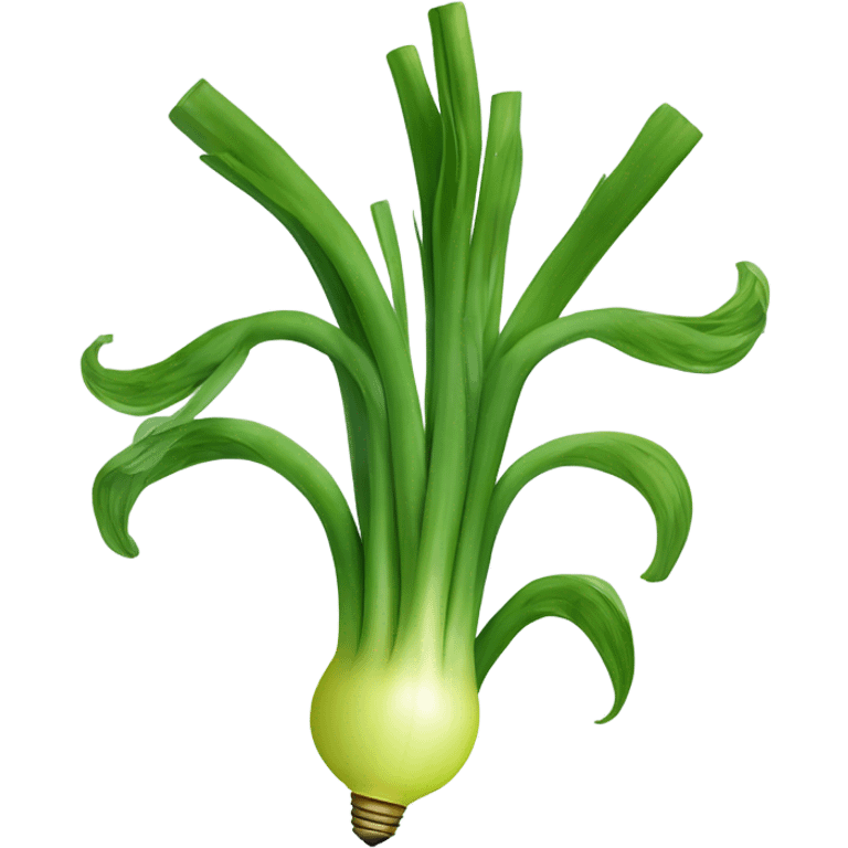 Smiling green onion with a bundle of long, thin green stalks as hair, big expressive eyes, and a cheerful cartoonish face on the white bulb section. Vibrant and playful design. emoji