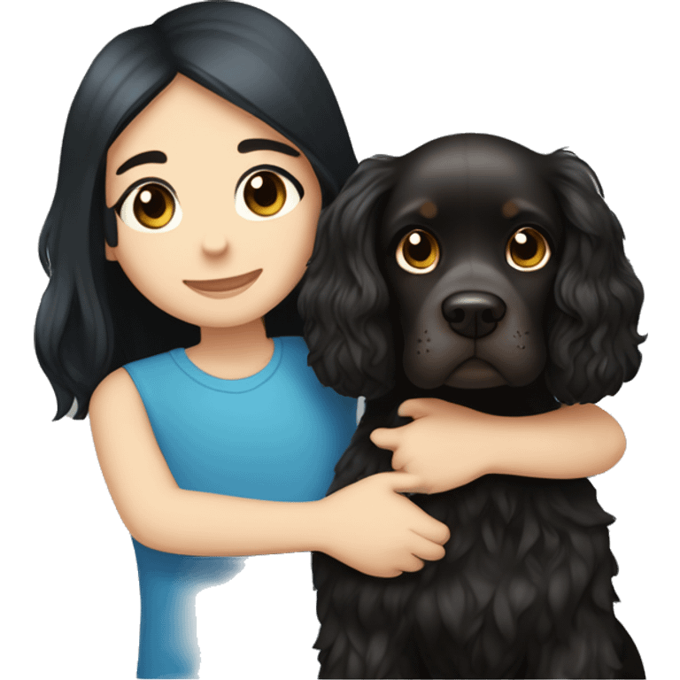 Black hair brown eye girl and blue eye blond hair boy cuddling a black cocker spaniel emoji