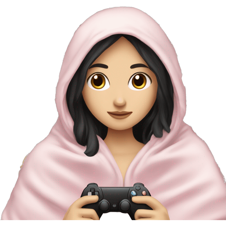 A pretty white girl with very long black hair and brown eyes in a light pink blanket playing video games emoji