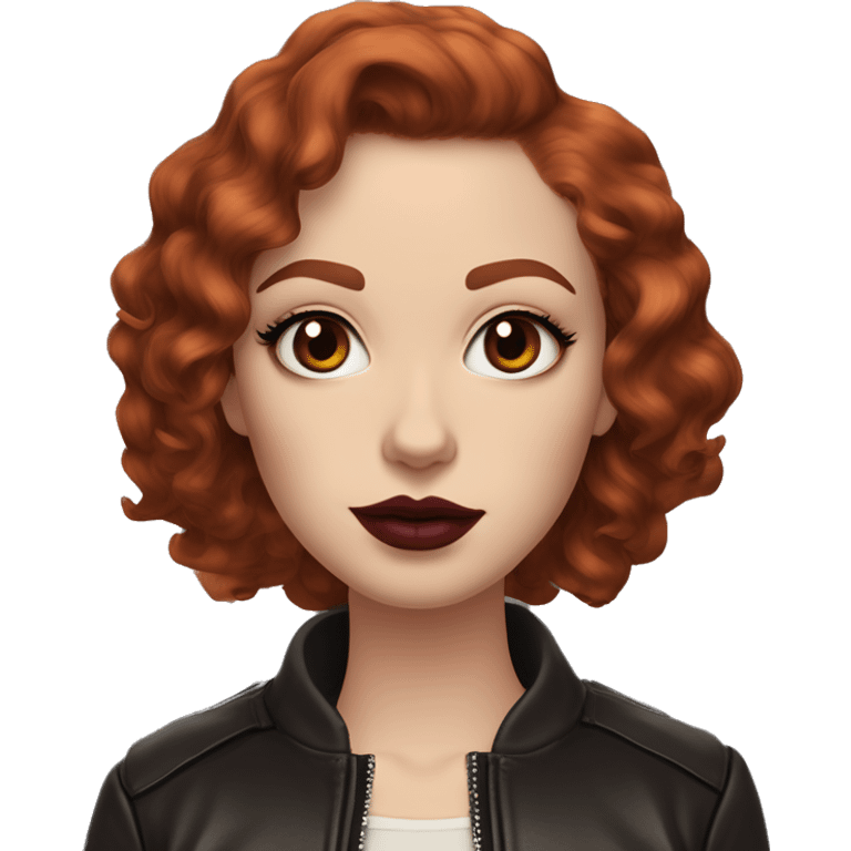 Girl with very pale skin, true red curly short hair with a side part, heavy cat-eye makeup, long eyelashes, dark maroon blush and lipstick.  Her eyebrows are dark, arched and very high.  Hazel eyes. Big lips. Thin. Wearing a leather jacket  emoji