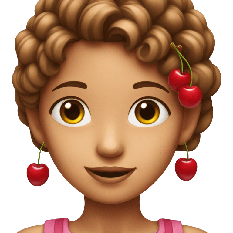 a girl with a square holds cherries near her ears emoji