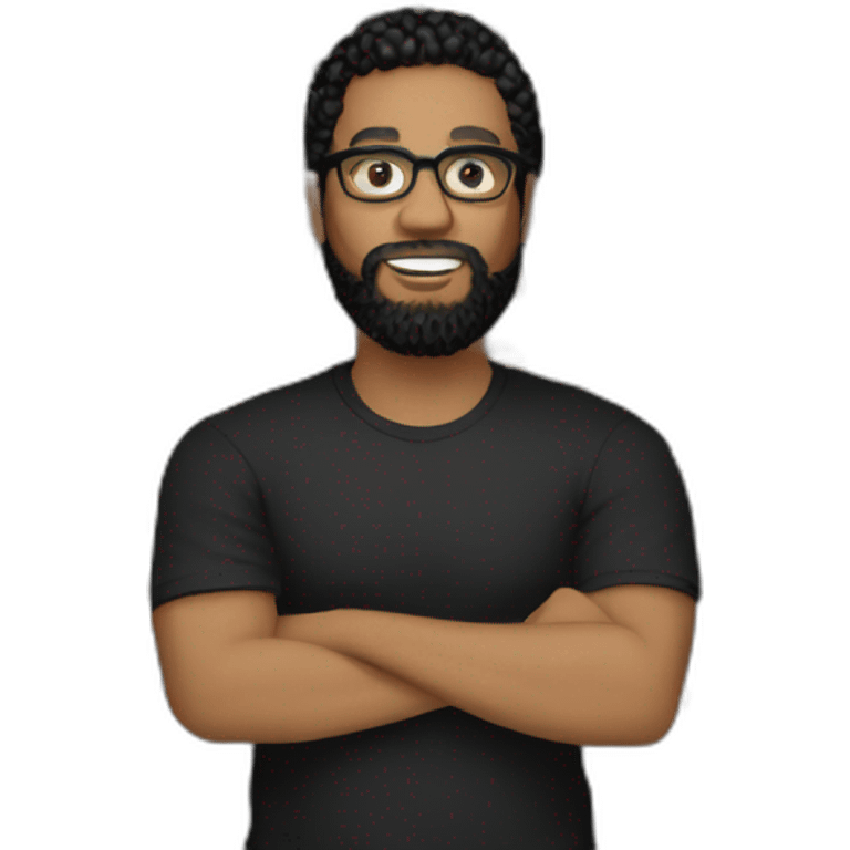 men with black curly hair and beard and golden glasses in black t-shirt work on computer emoji