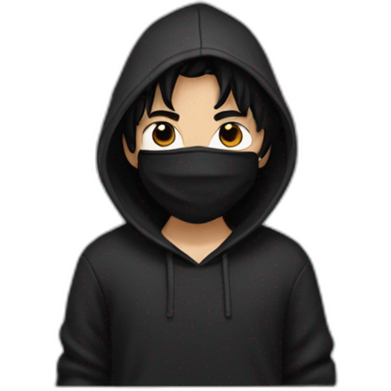 boy wear black hoodie with black mask and black hair emoji