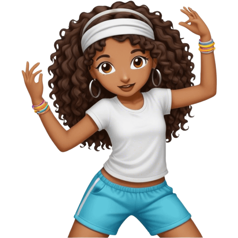 Dancing brown girl with long darn brown curly hair with headband hip hop emoji