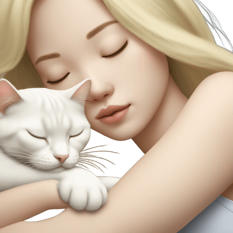 long blonde hair asian girl napping with white cat emoji