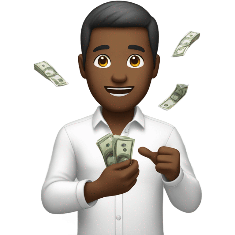 Guy with brown skin in white long sleeve wins money in his raised hands emoji