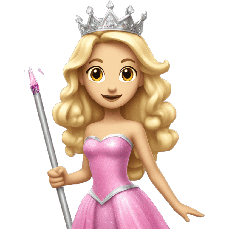 Blonde princess with tall silver crown in a pink sparkly dress holding a fairy wand emoji