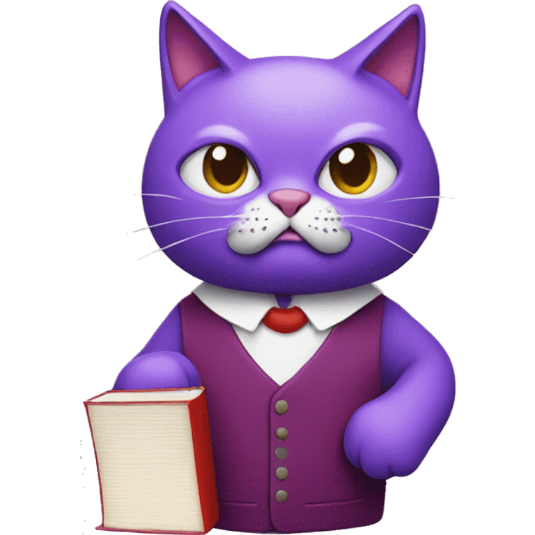 a purple cat wearing a red bob smoking cigarette with a book emoji