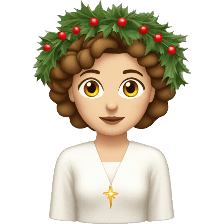 brown haired white women with white gown and advent wreath with white candles on the head emoji