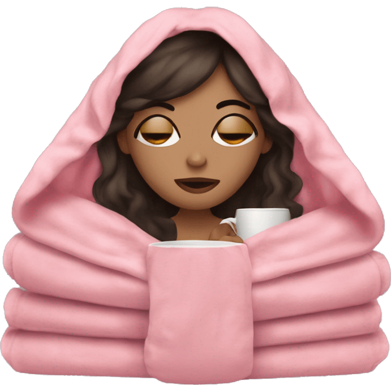 white girl dark hair inside a pink blanket sipping coffee eyes closed emoji