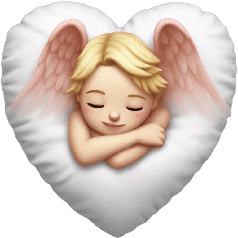 Realistic Photo of pale cupid asleep on a big cushioned heart emoji