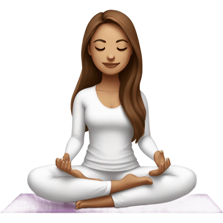 brown long hair and closed eyes yoga beautiful girl in white clothes sitting on a yoga mat emoji