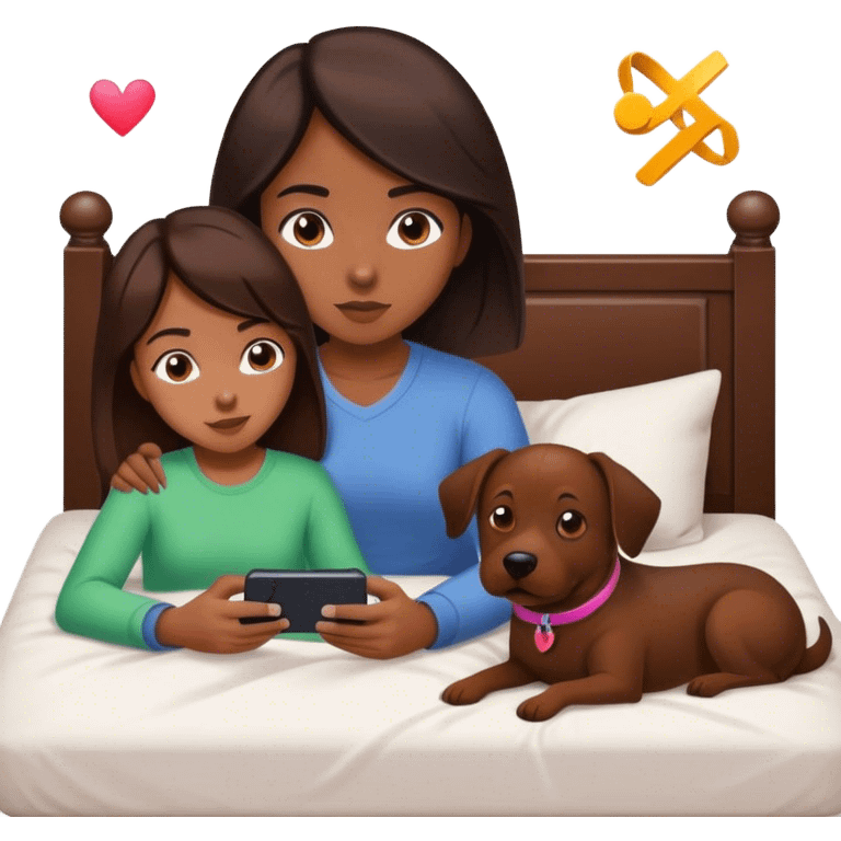 A girl with dark medium brown hair, laser on her bed with her dog, who who is medium brown playing on her phone with her boyfriend with her PlayStation laying beside of her heart is flying all around emoji