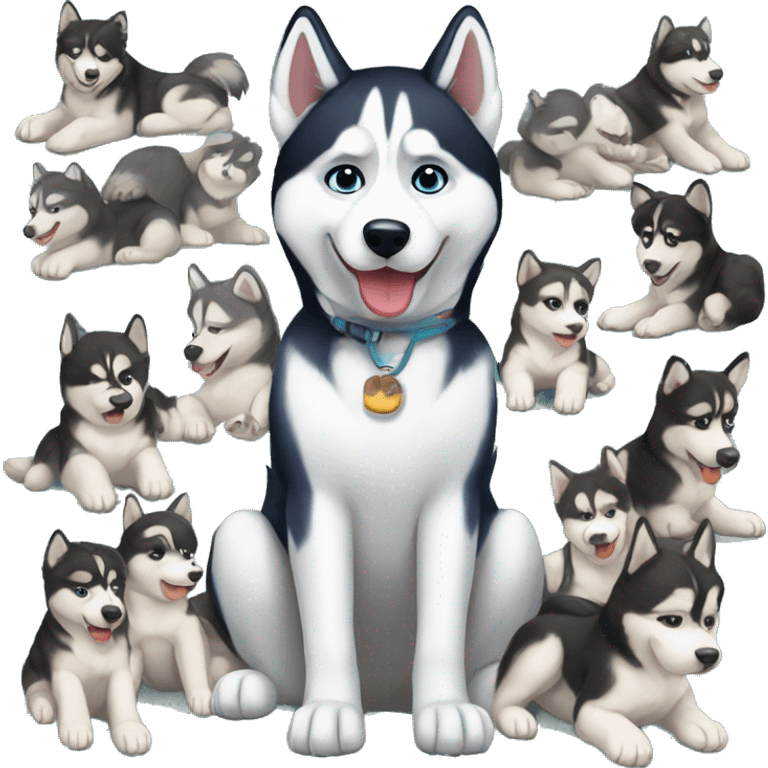 Husky sitting down with her 10 puppies emoji