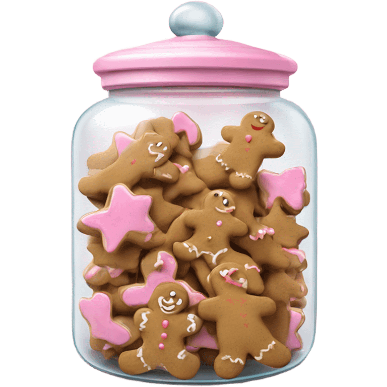 Realistic glass cookie jar with light pink lid full of gingerbread cookies isolated.  emoji