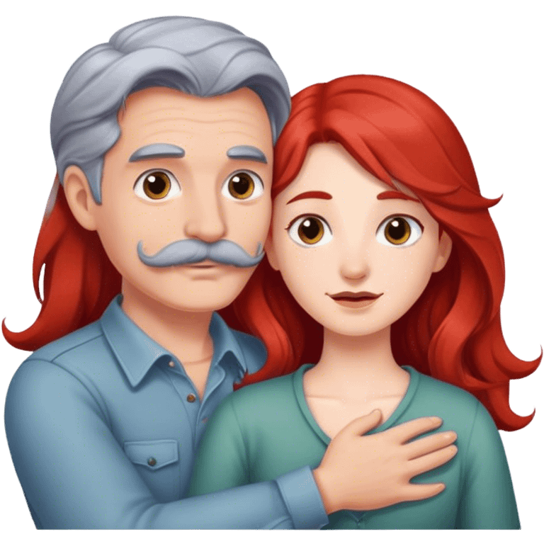 Long red hair girl and gray hair boy with mustache hugging emoji