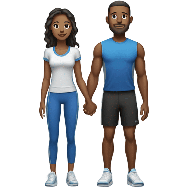 Emoji of a sporty couple, a man and a woman in athletic outfits, standing together in full body, holding hands, with Valentine's D emoji