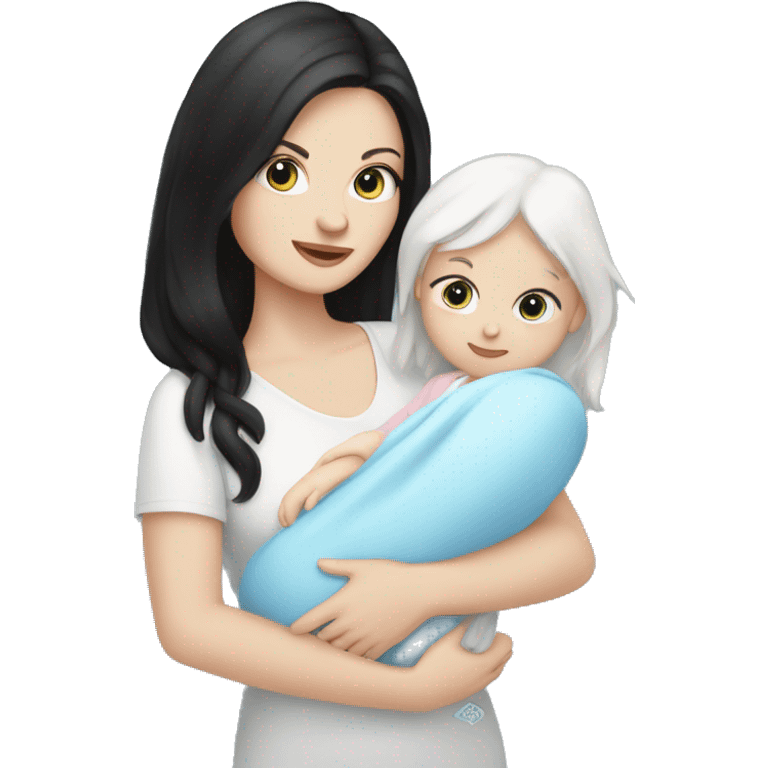 mom holding newborn baby girl with blue eyes white skin and black hair and white skin newborn girl white skin emoji