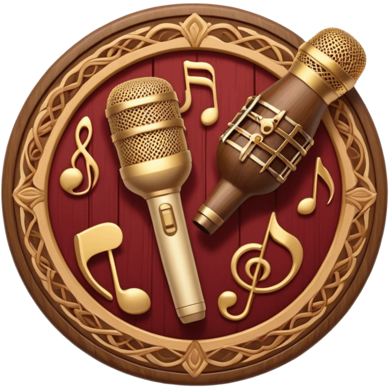 Create a warm and authentic humanless emoji representing folk singing. The design should feature a traditional folk microphone at the center, surrounded by classic instruments such as a bayan (button accordion), gusli (a traditional Russian zither), and a tambourine. Arrange these instruments in a harmonious, circular pattern to evoke a sense of folk music and community performance. Use natural, earthy colors like wood brown, deep red, and golden accents to reflect the rustic and heartfelt spirit of folk music. Add subtle musical notes to the background to convey the rhythm and harmony of the performance. The background should be transparent. emoji