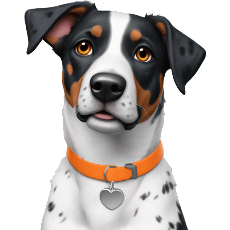 Black and white Blue heeler pointer mix floppy ears orange collar emoji