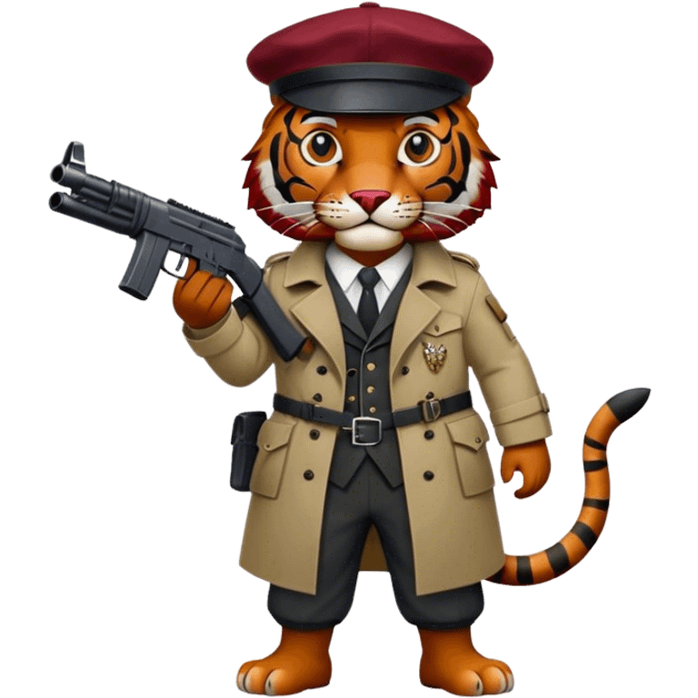 Black and dark red tiger wearing trench suit with Scottish cap and holding a SMG emoji