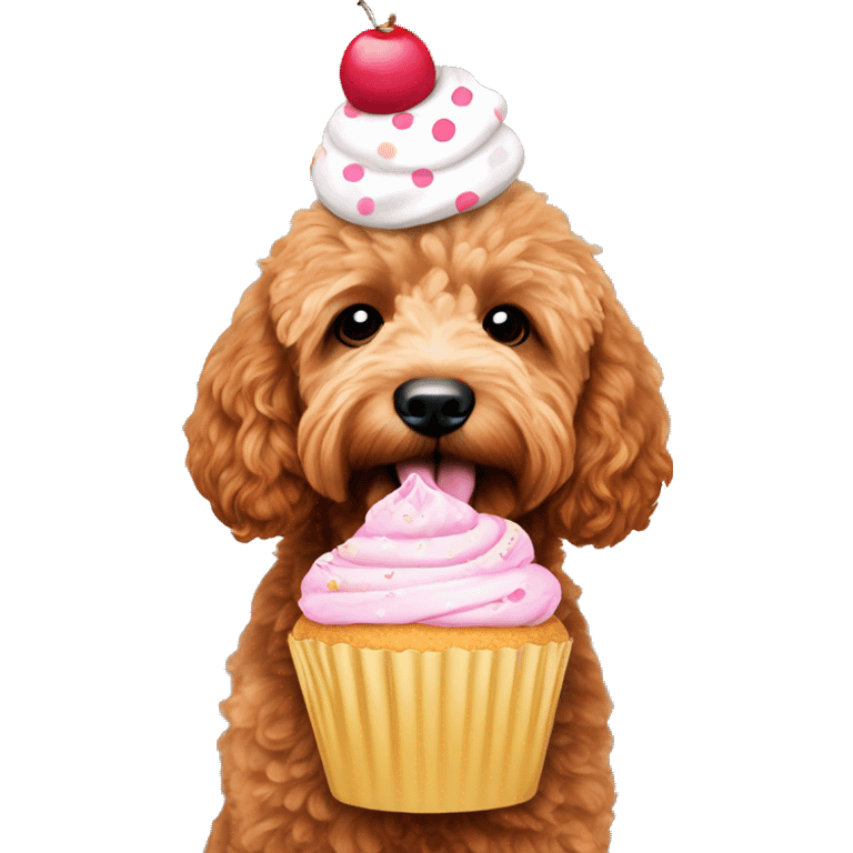 Red mini goldendoodle with a cupcake emoji