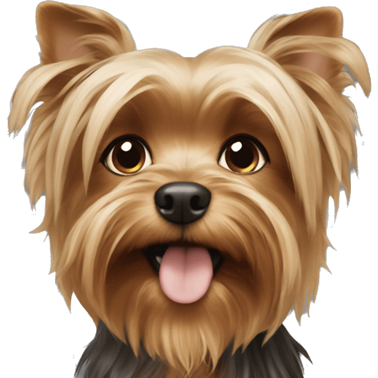 Yorkshire Terrier dog being held by a white girl with long wavy brown hair emoji