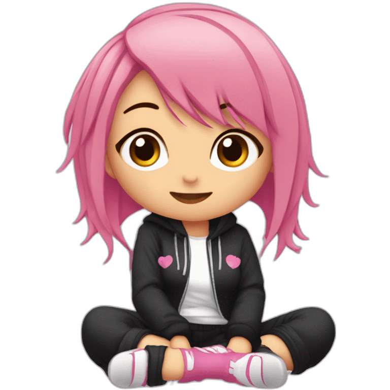 full body Front view curvy emo girl pink hair sits on the floor straight view hands up черная юбка белые трусики рваные полосатые чулки emoji