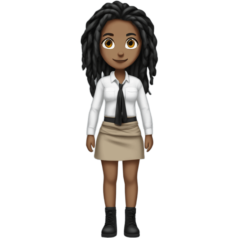 Tan girl with black locs dark white tied shirt black skirt full body emoji